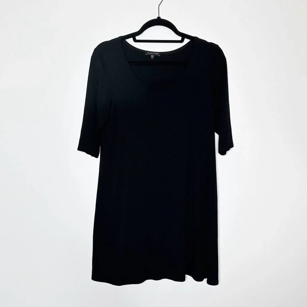 Eileen Fisher Fine Jersey Knit Top Scoop Neck 3/4 Sleeve Womens Black Size M - Picture 2 of 5